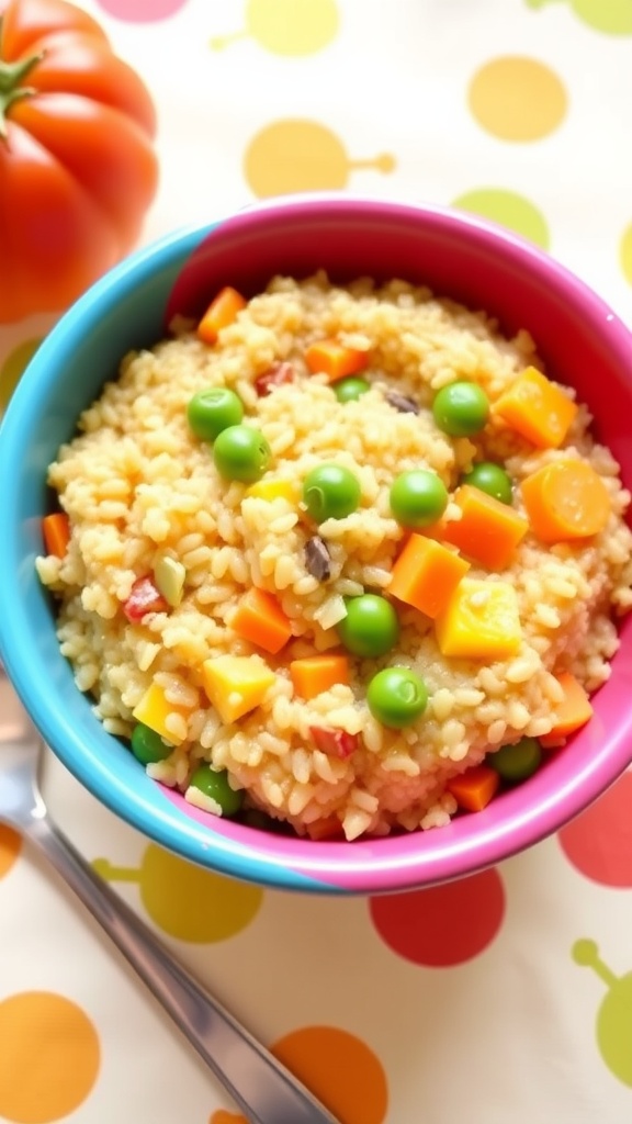 Healthy quinoa baby food with mixed vegetables in a bright bowl, accompanied by a baby spoon.